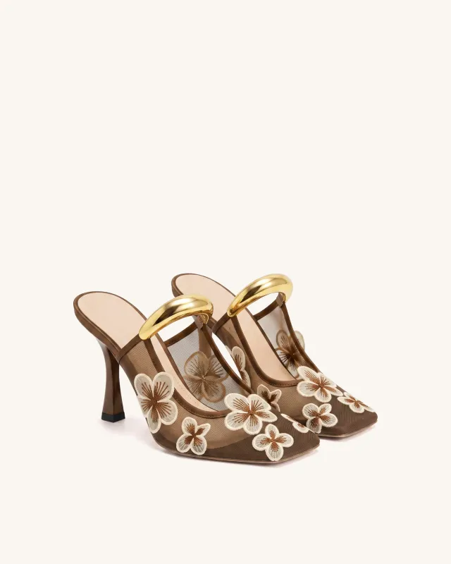 Mireille Pierced Floral Embroidered Appliqué Mesh Mules - Brown made by JW PEI