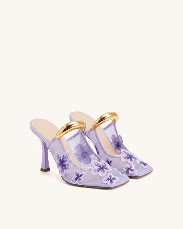 Mireille Pierced Floral Embroidered Appliqué Mesh Mules - Purple made by JW PEI