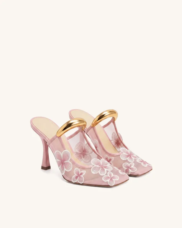 Mireille Pierced Floral Embroidered Appliqué Mesh Mules - Pink made by JW PEI