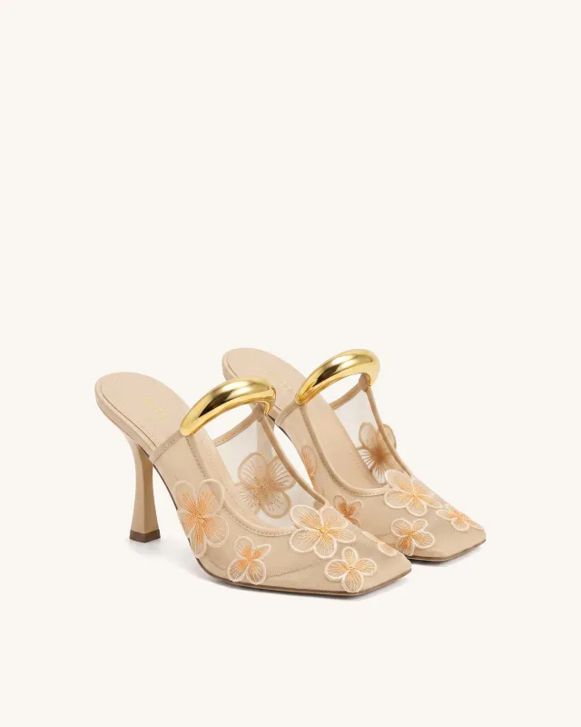 Mireille Pierced Floral Embroidered Appliqué Mesh Mules - Apricot made by JW PEI