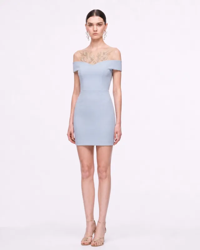 Botanical Embellished Illusion Off-Shoulder Mini Dress - Light Blue made by JW PEI