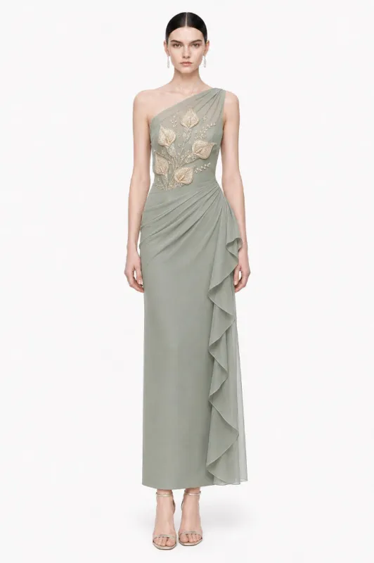 Botanical Embellished Ruched One-Shoulder Maxi Dress - Sage Green made by JW PEI