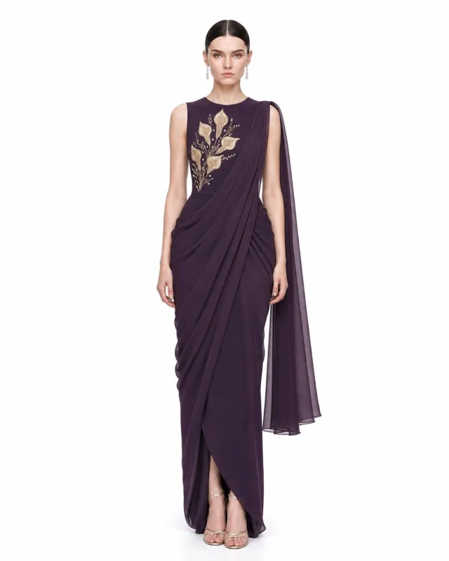 Botanical Embellished Saree-Inspired Gown - Dark Purple made by JW PEI