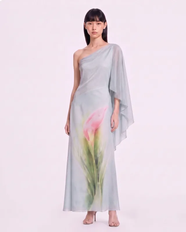 Calla Lily One-Shoulder Cape Maxi Dress - Light Blue made by JW PEI