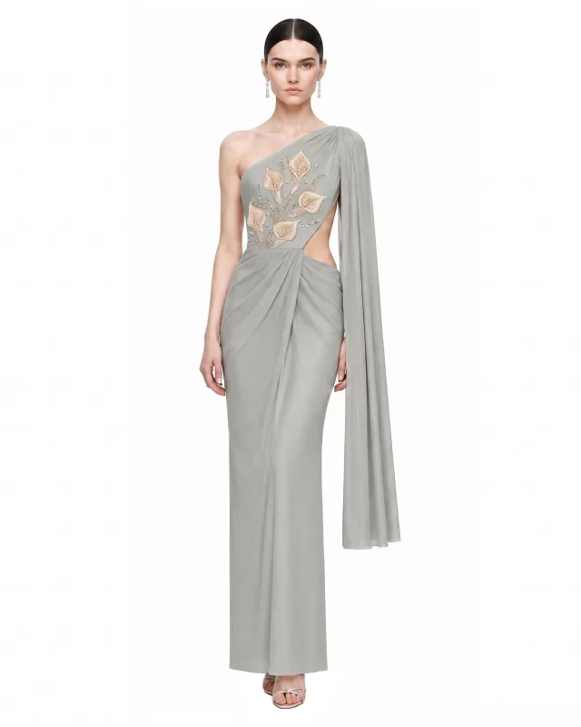 Botanical Embellished Cutout One-Shoulder Maxi Dress - Sage Green made by JW PEI
