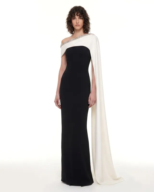 Crystal-Trim Cape Maxi Dress - Black & Ivory made by JW PEI
