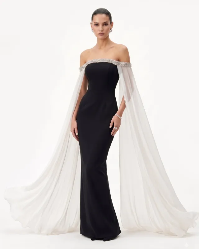 Crystal-Trim Off-Shoulder Cape Maxi Dress - Black & Ivory made by JW PEI