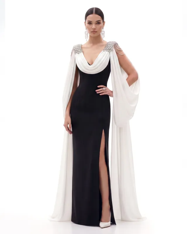 Crystal Shoulder Cape Maxi Dress - Black & Ivory made by JW PEI