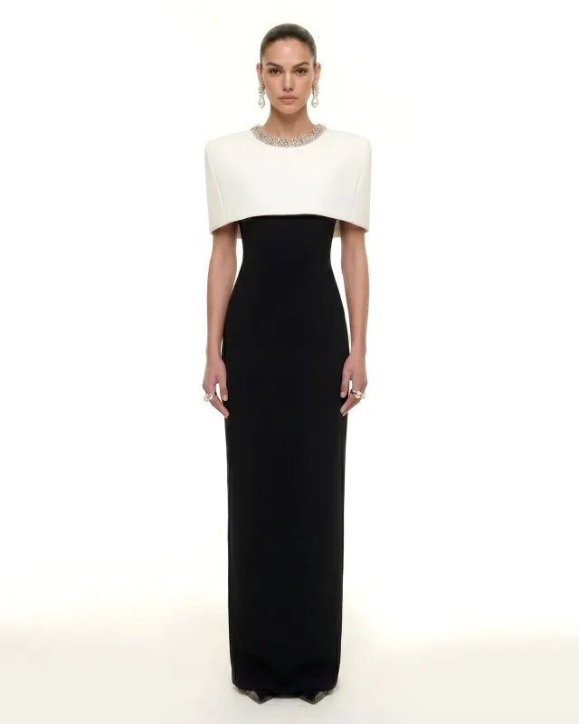Crystal-Trim Capelet Maxi Dress - Black & Ivory made by JW PEI