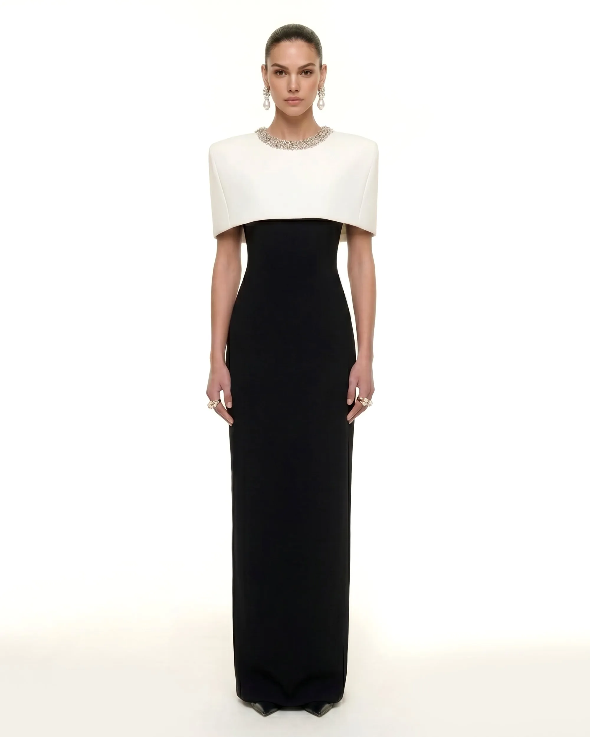Crystal-Trim Capelet Maxi Dress - Black & Ivory sold by JW PEI