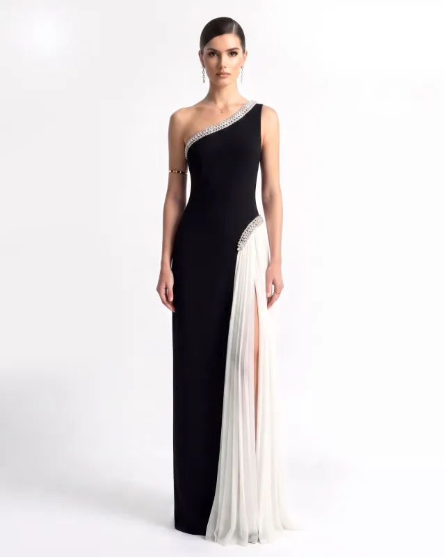 Crystal-Trim Pleated One-Shoulder Maxi Dress - Black made by JW PEI