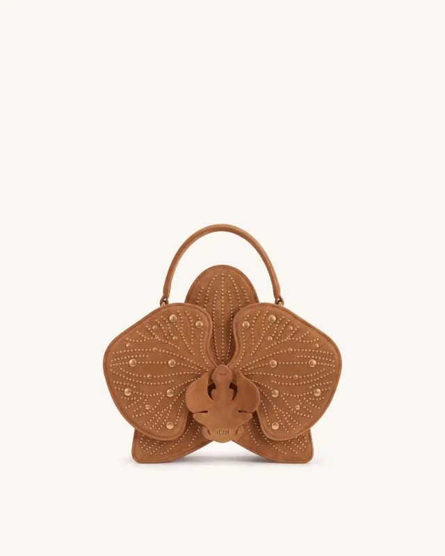 Flora Faux Suede Studded Orchid Shaped Top Handle Bag - Yellow Brown made by JW PEI