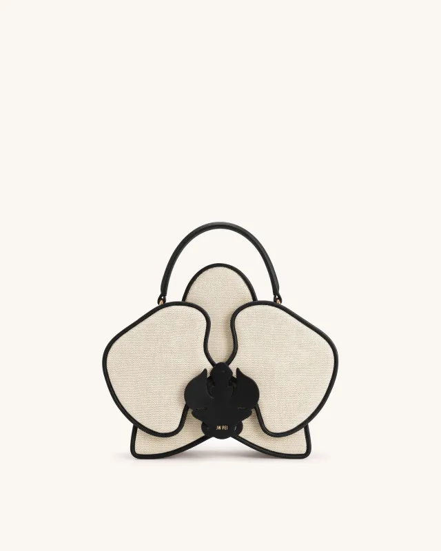 Flora Orchid Shaped Top Handle Bag - Black White Canvas made by JW PEI