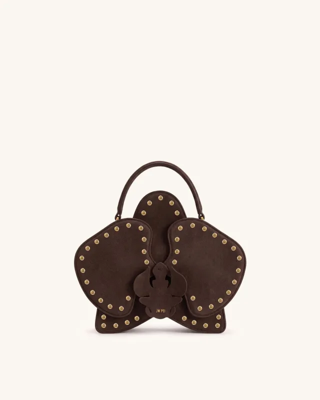 Flora Faux Suede Studded Orchid Shaped Top Handle Bag - Dark Brown made by JW PEI