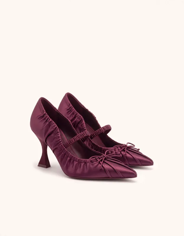 Solenne Satin Bow Ruched Mary Jane Pumps - Burgundy made by JW PEI
