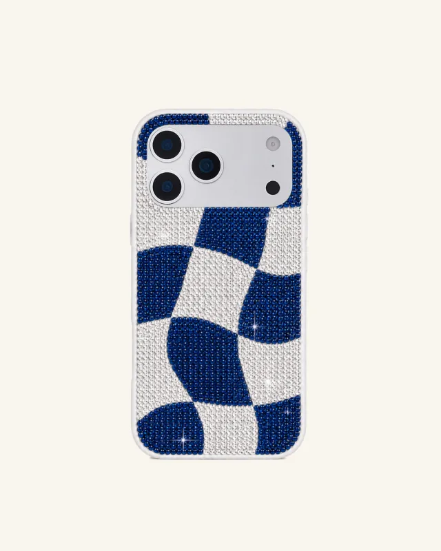 Blue Wavy Checkered Rhinestone Phone Case – White made by JW PEI