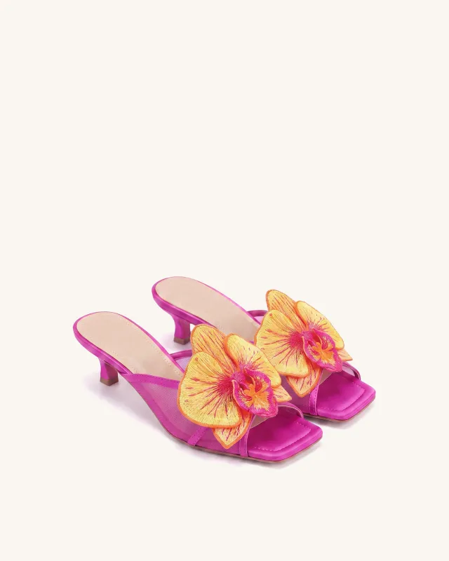 Serena Oversized Orchid Embroidered Mules - Rose Red made by JW PEI
