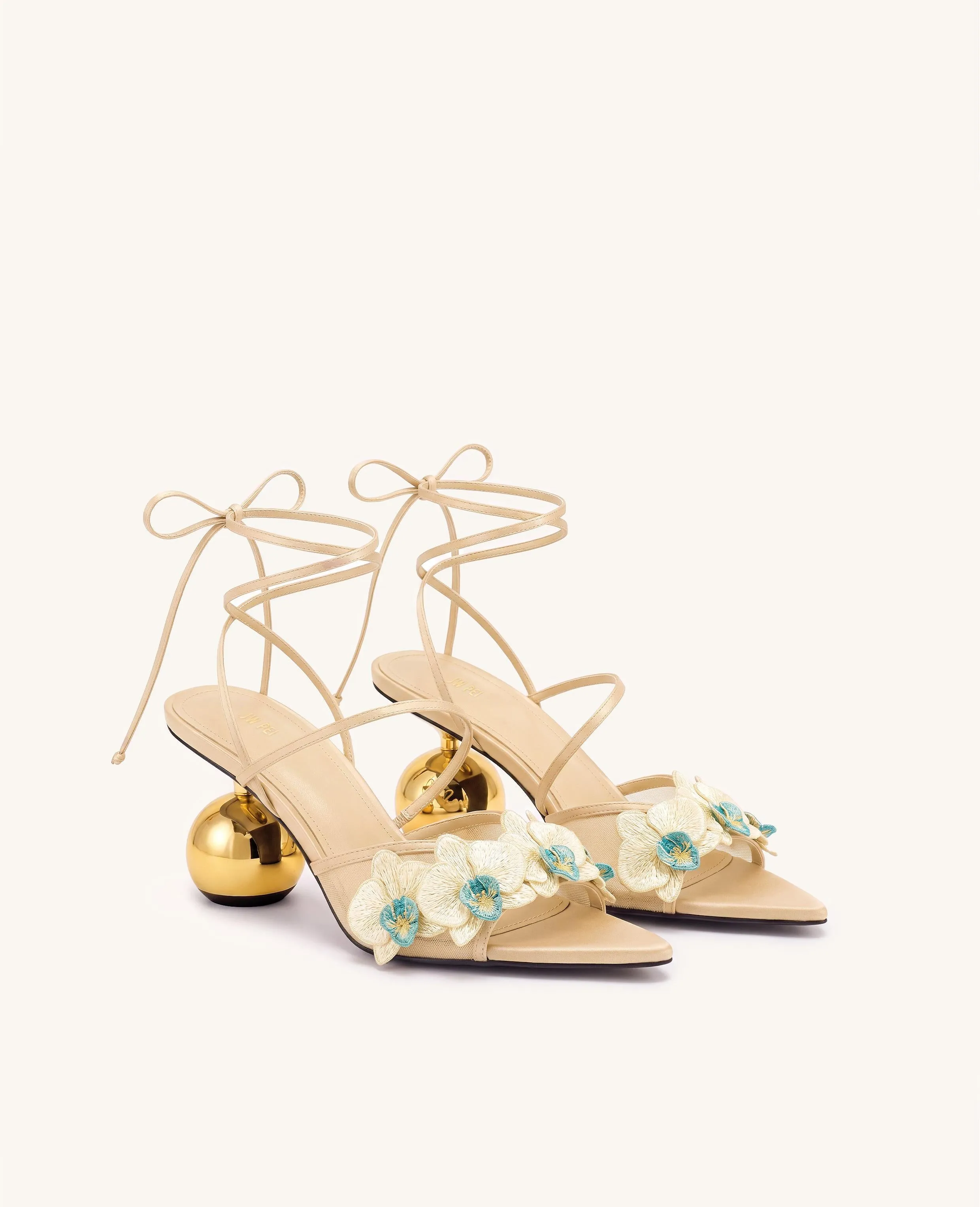 Celia Orchid Embroidered Sphere Heel Lace-Up Sandals - Khaki sold by JW PEI