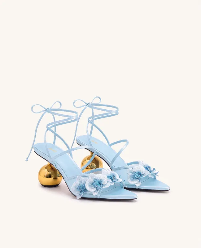 Celia Orchid Embroidered Sphere Heel Lace-Up Sandals - Blue made by JW PEI