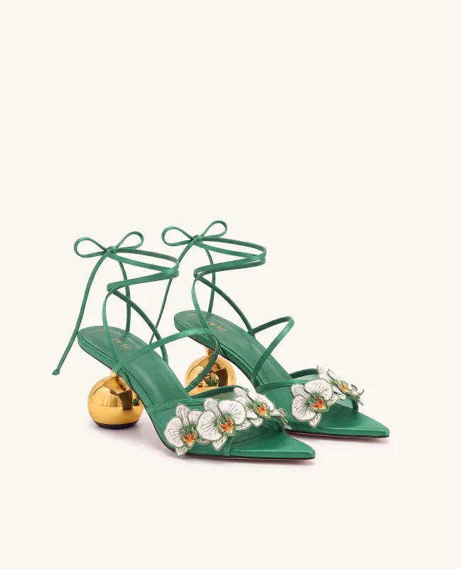Celia Orchid Embroidered Sphere Heel Lace-Up Sandals - Green made by JW PEI