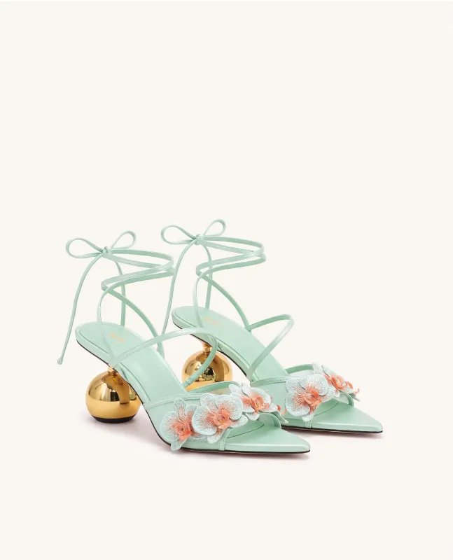 Celia Orchid Embroidered Sphere Heel Lace-Up Sandals - Nile Green made by JW PEI