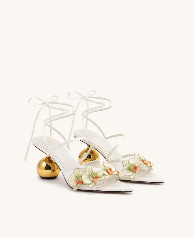 Celia Orchid Embroidered Sphere Heel Lace-Up Sandals - White made by JW PEI