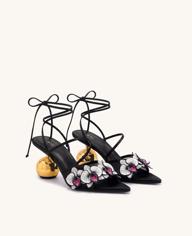 Celia Orchid Embroidered Sphere Heel Lace-Up Sandals - Black made by JW PEI