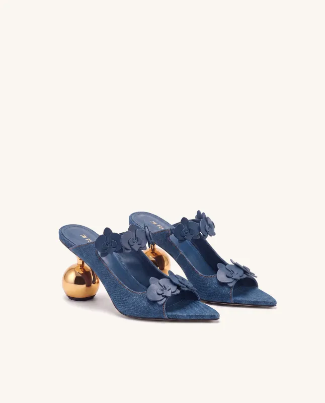 Rosalie Orchid Appliqué Sphere Heel Mules - Denim Blue made by JW PEI