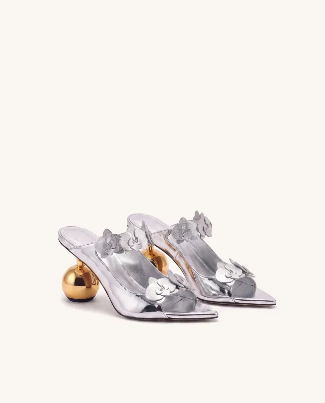 Rosalie Orchid Appliqué Sphere Heel Mules - Silver made by JW PEI