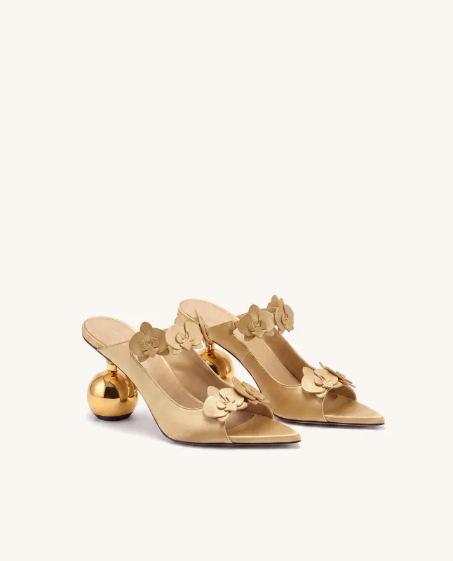Rosalie Orchid Appliqué Sphere Heel Mules - Champagne made by JW PEI