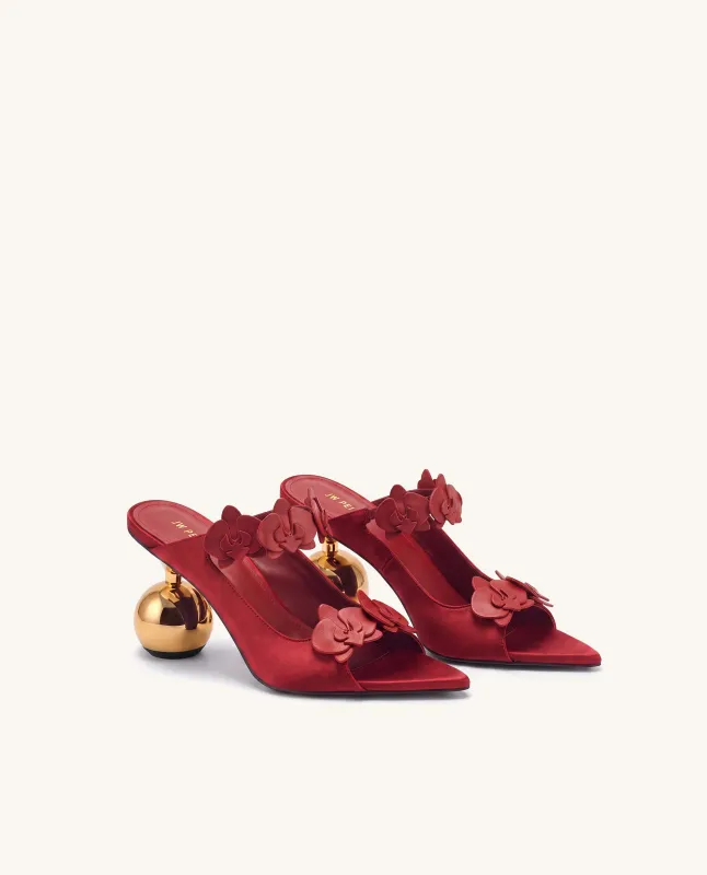 Rosalie Orchid Appliqué Sphere Heel Mules - Red made by JW PEI