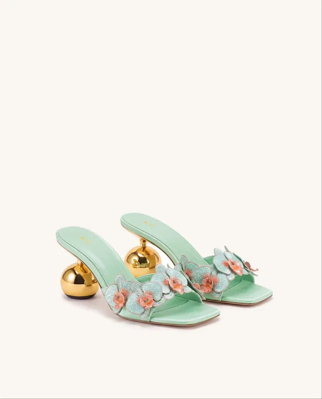 Celia Orchid Embroidered Sphere Heel Mules - Nile Green made by JW PEI