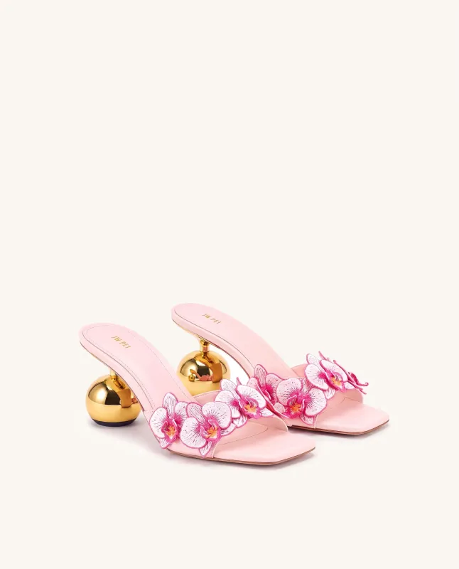 Celia Orchid Embroidered Sphere Heel Mules - Pink made by JW PEI
