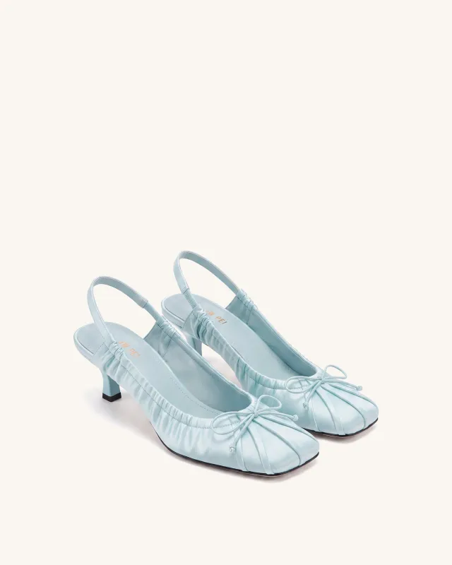 Solenne Satin Bow Ruched Slingback Pumps - Blue made by JW PEI