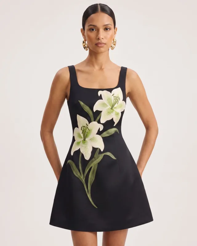 Lily Floral Print Sleeveless A-Line Mini Dress - Black made by JW PEI