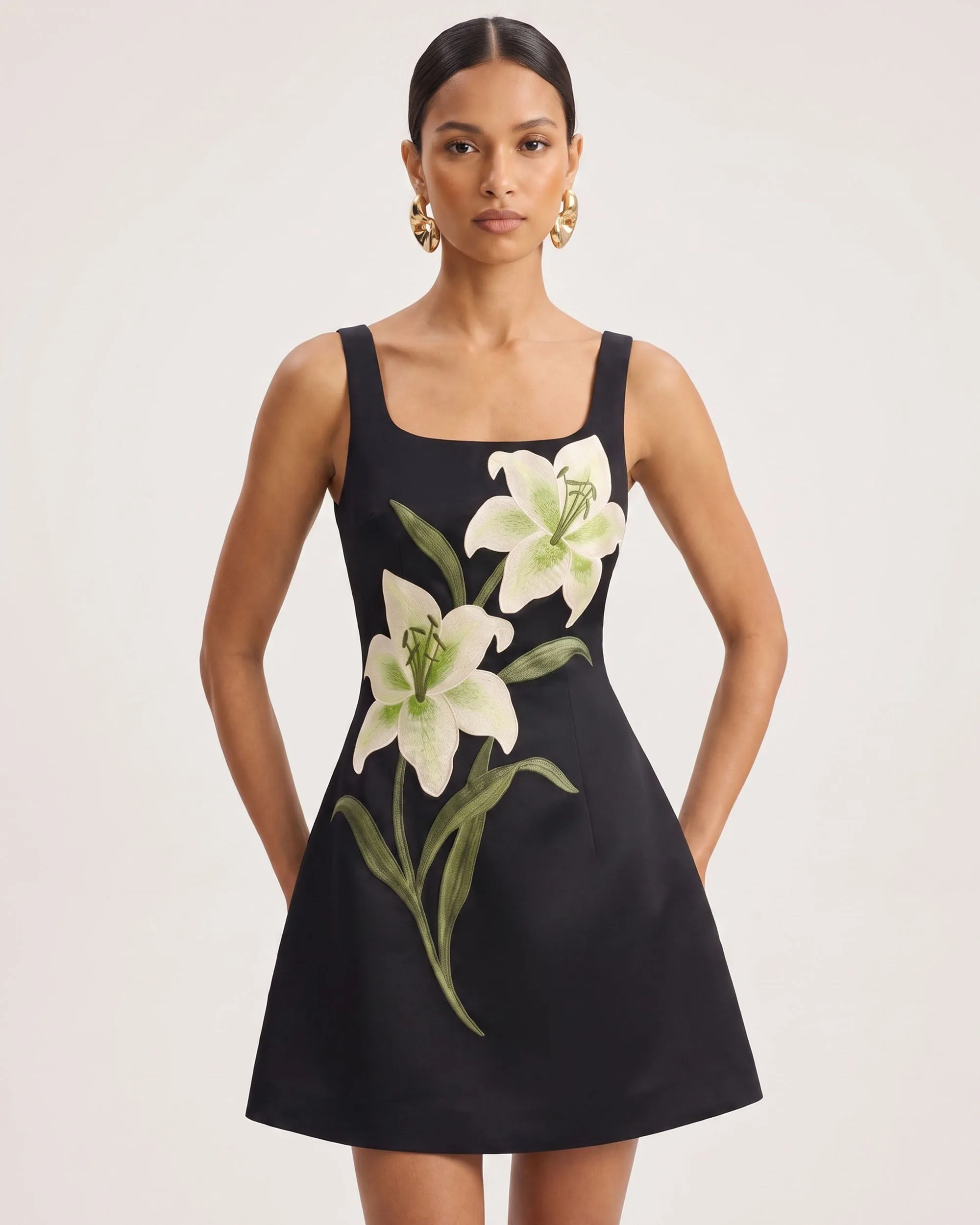 Lily Floral Print Sleeveless A-Line Mini Dress - Black sold by JW PEI