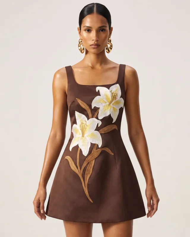 Lily Floral Print Sleeveless A-Line Mini Dress - Dark Brown made by JW PEI