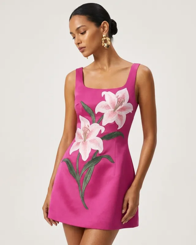 Lily Floral Print Sleeveless A-Line Mini Dress - Fuchsia made by JW PEI