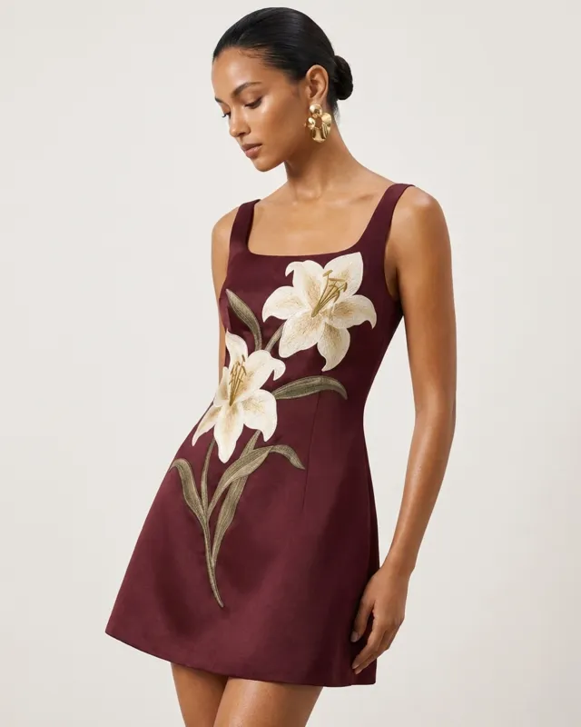 Lily Floral Print Sleeveless A-Line Mini Dress - Burgundy made by JW PEI