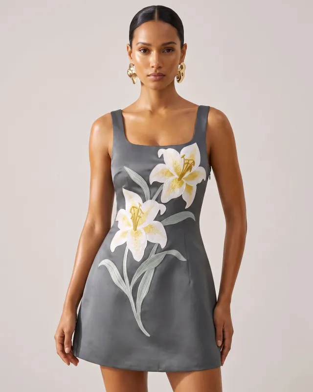 Lily Floral Print Sleeveless A-Line Mini Dress - Charcoal Gray made by JW PEI