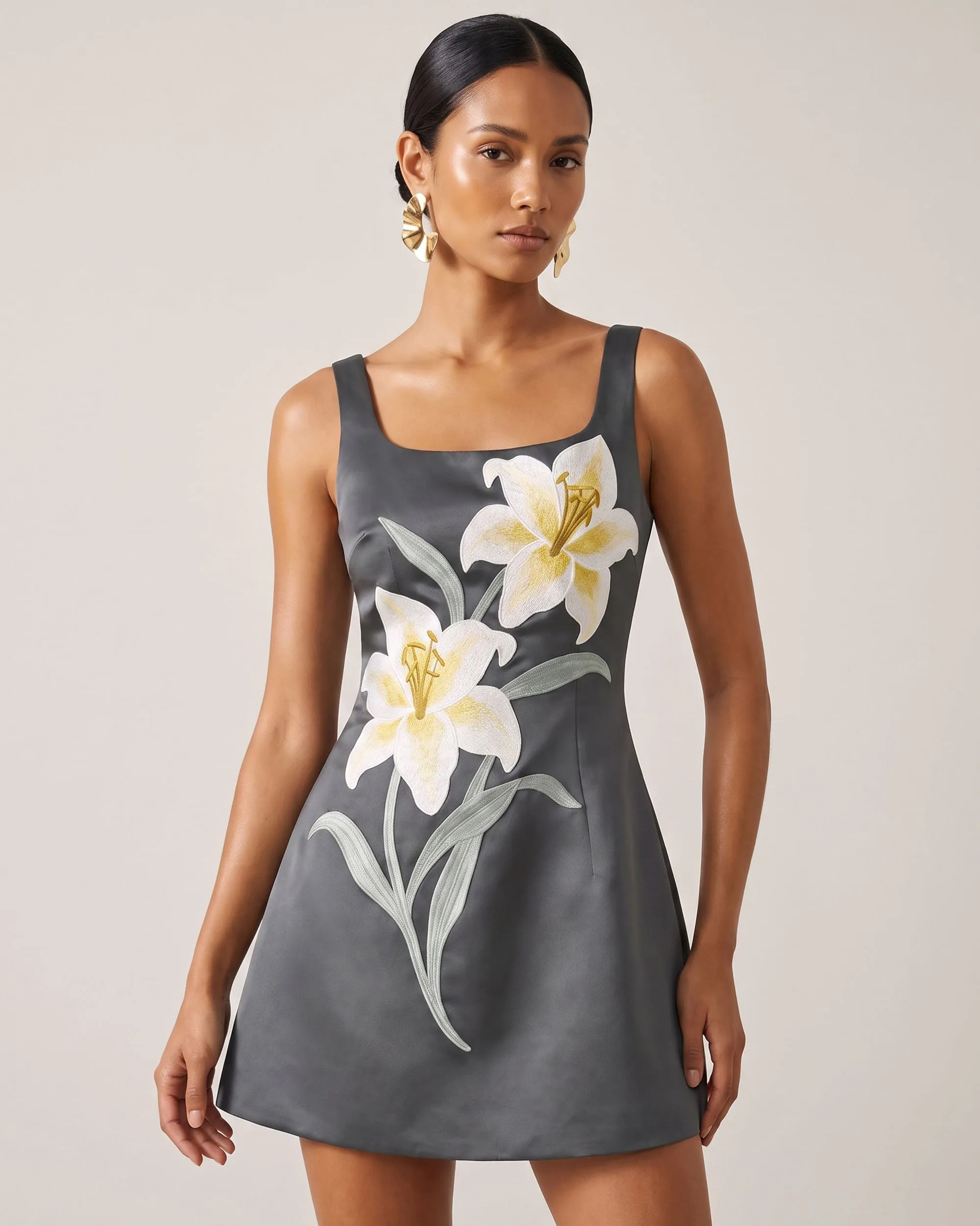 Lily Floral Print Sleeveless A-Line Mini Dress - Charcoal Gray sold by JW PEI product image thumbnail 2