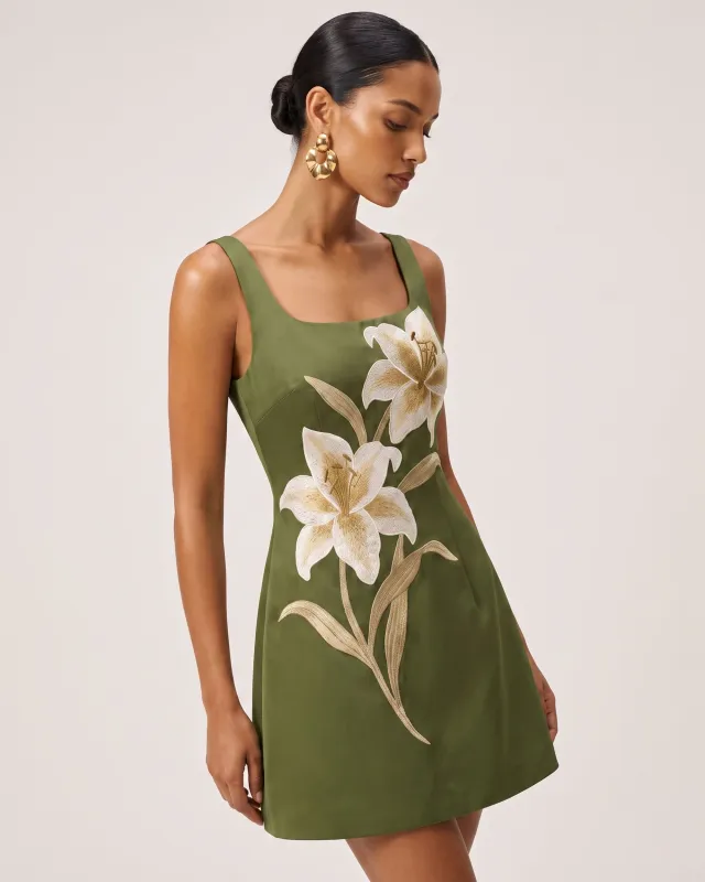 Lily Floral Print Sleeveless A-Line Mini Dress - Olive made by JW PEI
