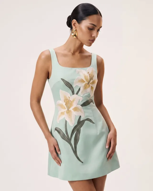 Lily Floral Print Sleeveless A-Line Mini Dress - Mint Green made by JW PEI