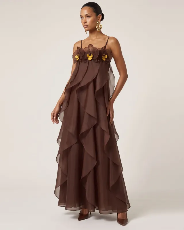 Orchid Embroidered Organza Maxi Dress - Dark Brown made by JW PEI
