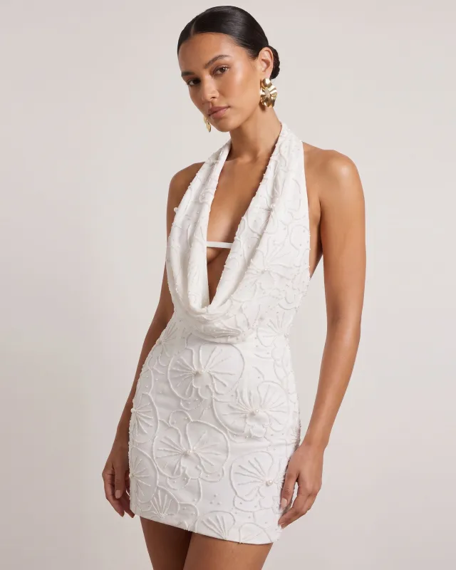 Orchid Beaded Embroidered Deep V Halter Mini Dress - White made by JW PEI