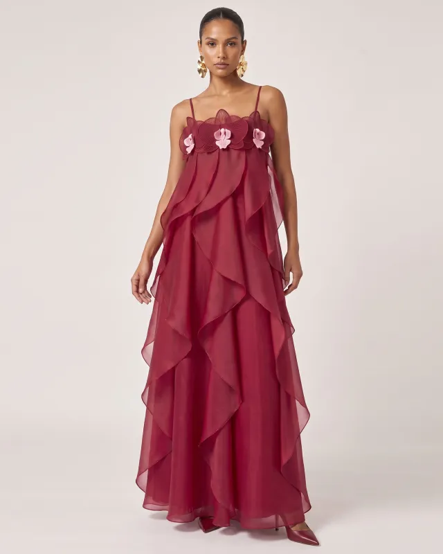 Orchid Embroidered Organza Maxi Dress - Red made by JW PEI