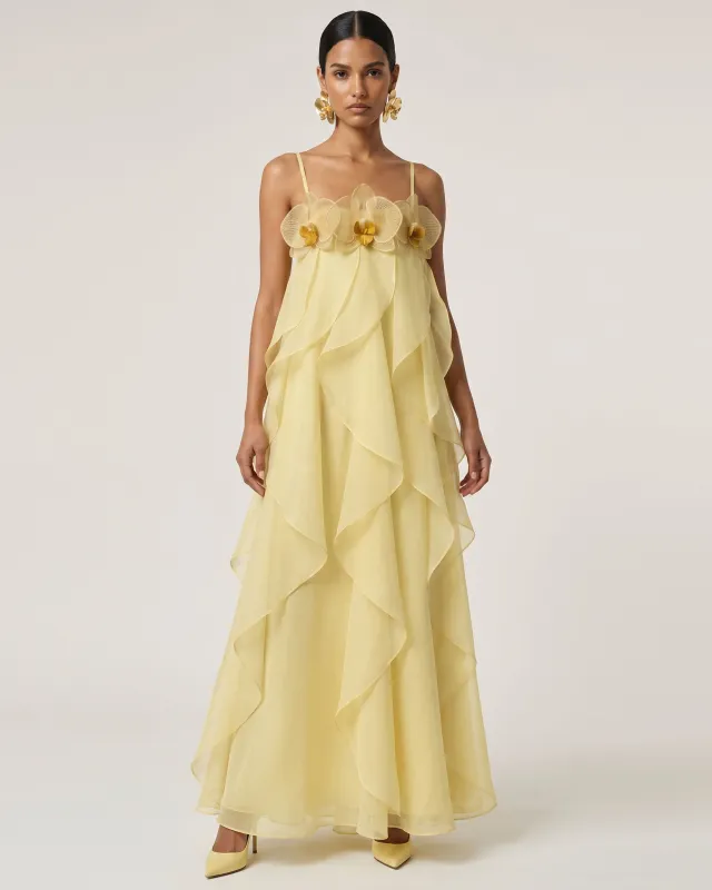 Orchid Embroidered Organza Maxi Dress - Light Yellow made by JW PEI