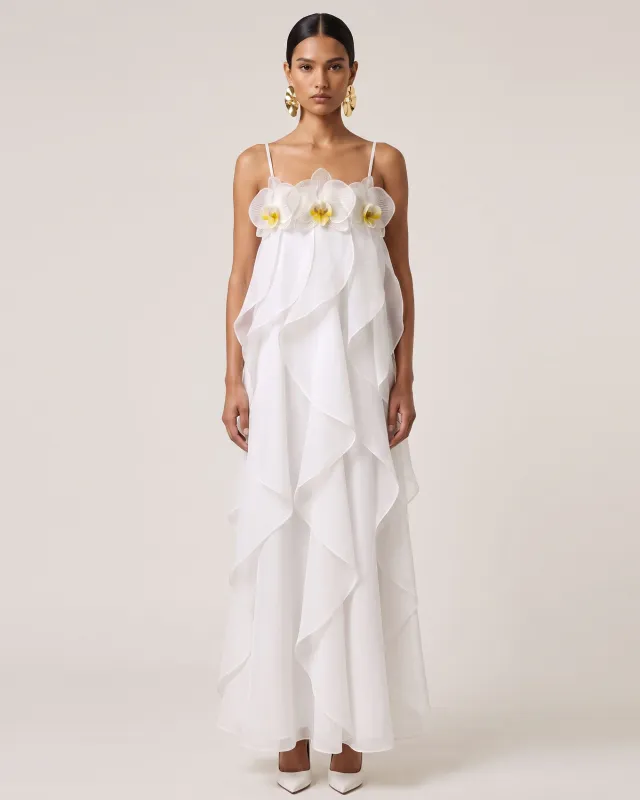 Orchid Embroidered Organza Maxi Dress - White made by JW PEI