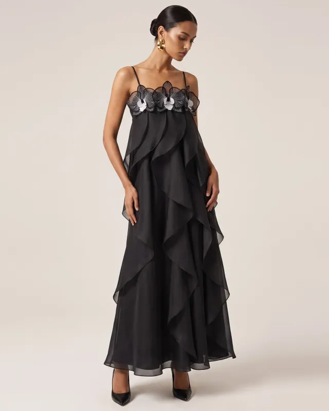 Orchid Embroidered Organza Maxi Dress - Black made by JW PEI