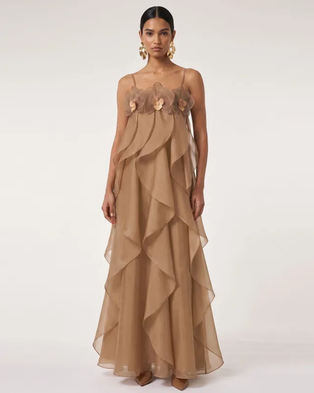 Orchid Embroidered Organza Maxi Dress - Light Brown made by JW PEI